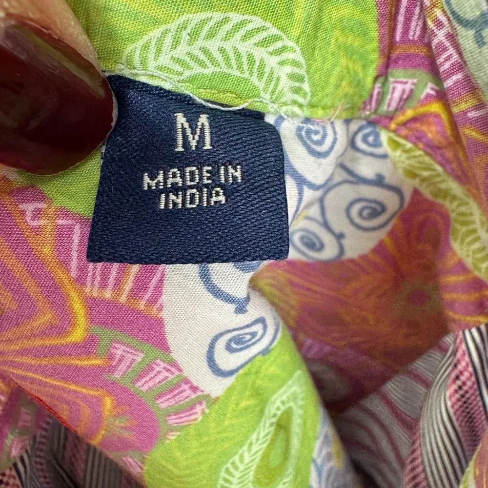 Robert Graham Flip Cuff Button Shirt Men Medium Gray Pink Striped Cotton Floral - Picture 11 of 11